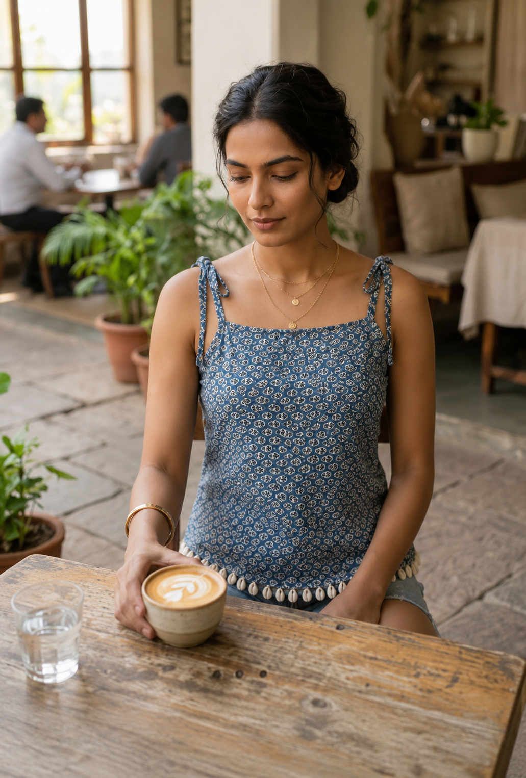 Greyish Blue Paisley Tie-Strap Top with Shell Detailing