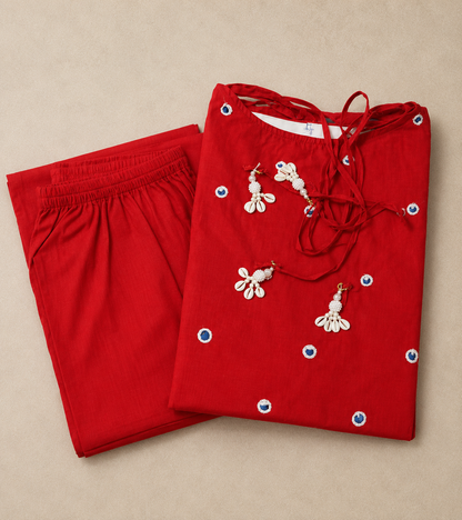 Scarlet Red Mirror Work Cotton Slub Co-ord Set