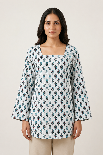 Powder Blue Heritage Buta Square-Neck Tunic