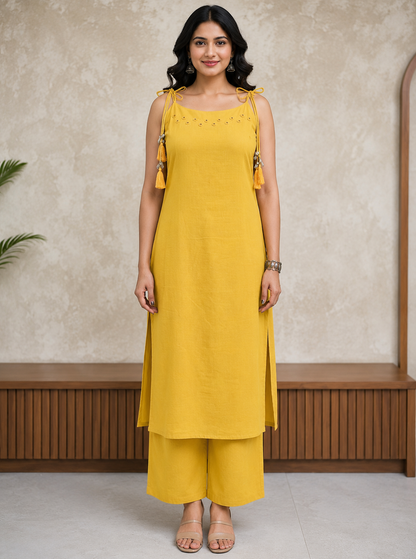 Mustard Mirror Work Cotton Slub Co-ord Set