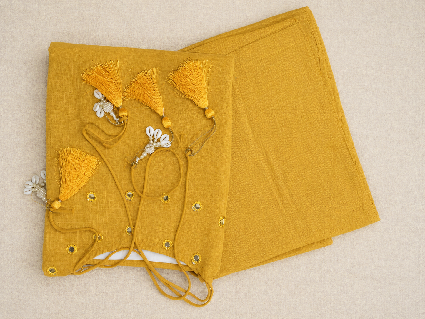 Mustard Mirror Work Cotton Slub Co-ord Set