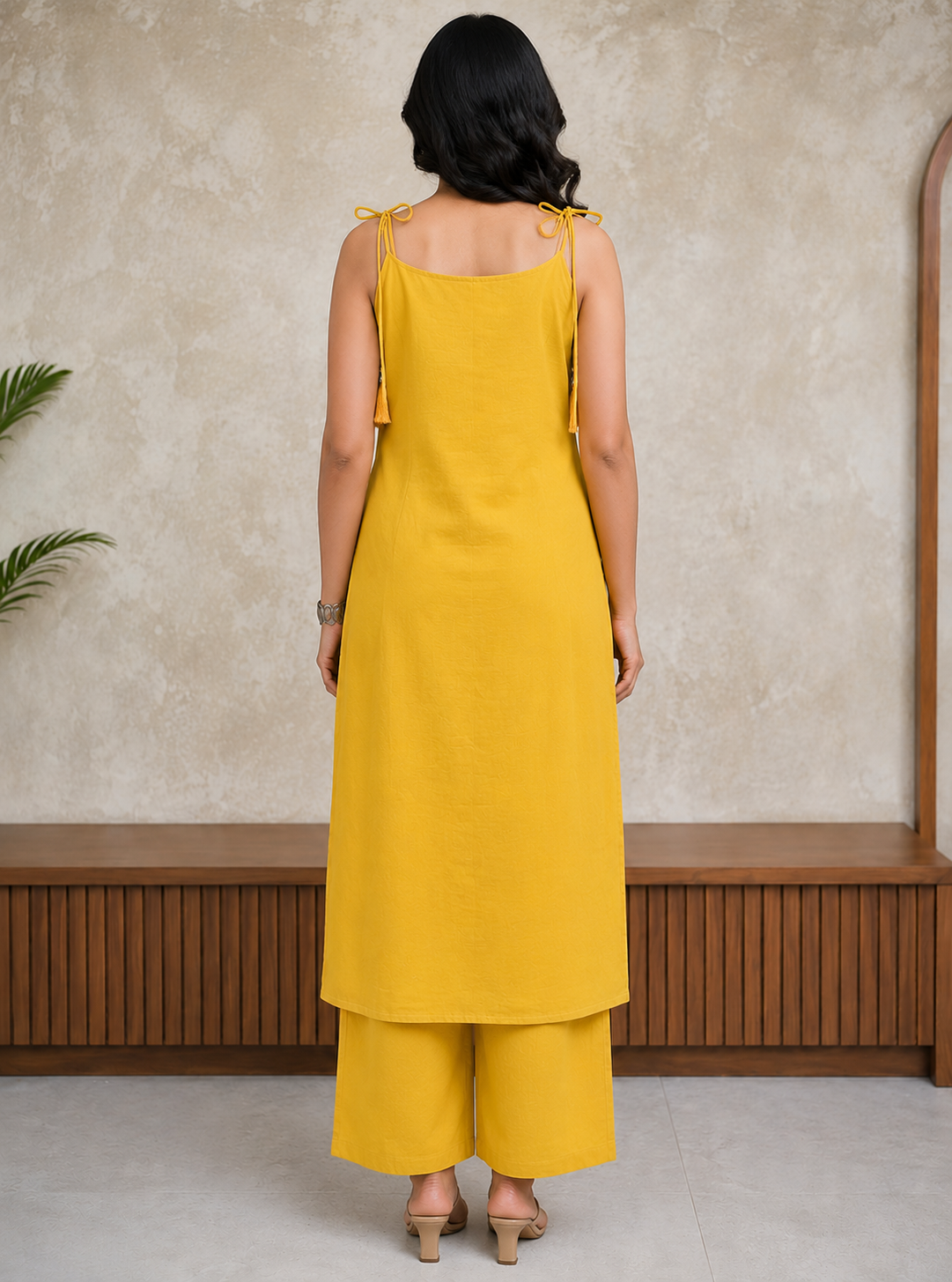 Mustard Mirror Work Cotton Slub Co-ord Set