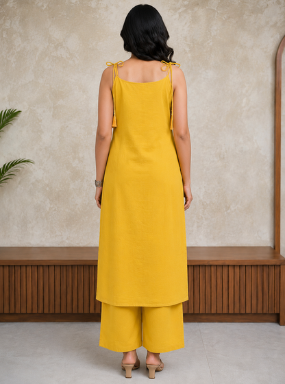 Mustard Mirror Work Cotton Slub Co-ord Set