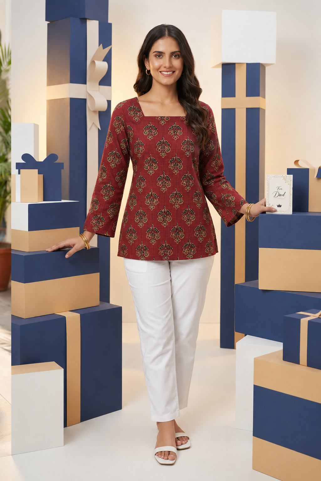 Crimson Red Heritage Motif Square-Neck Tunic