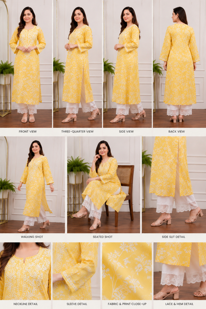 Sunshine Yellow Summer Blossom Chikankari Kurta Pant Set