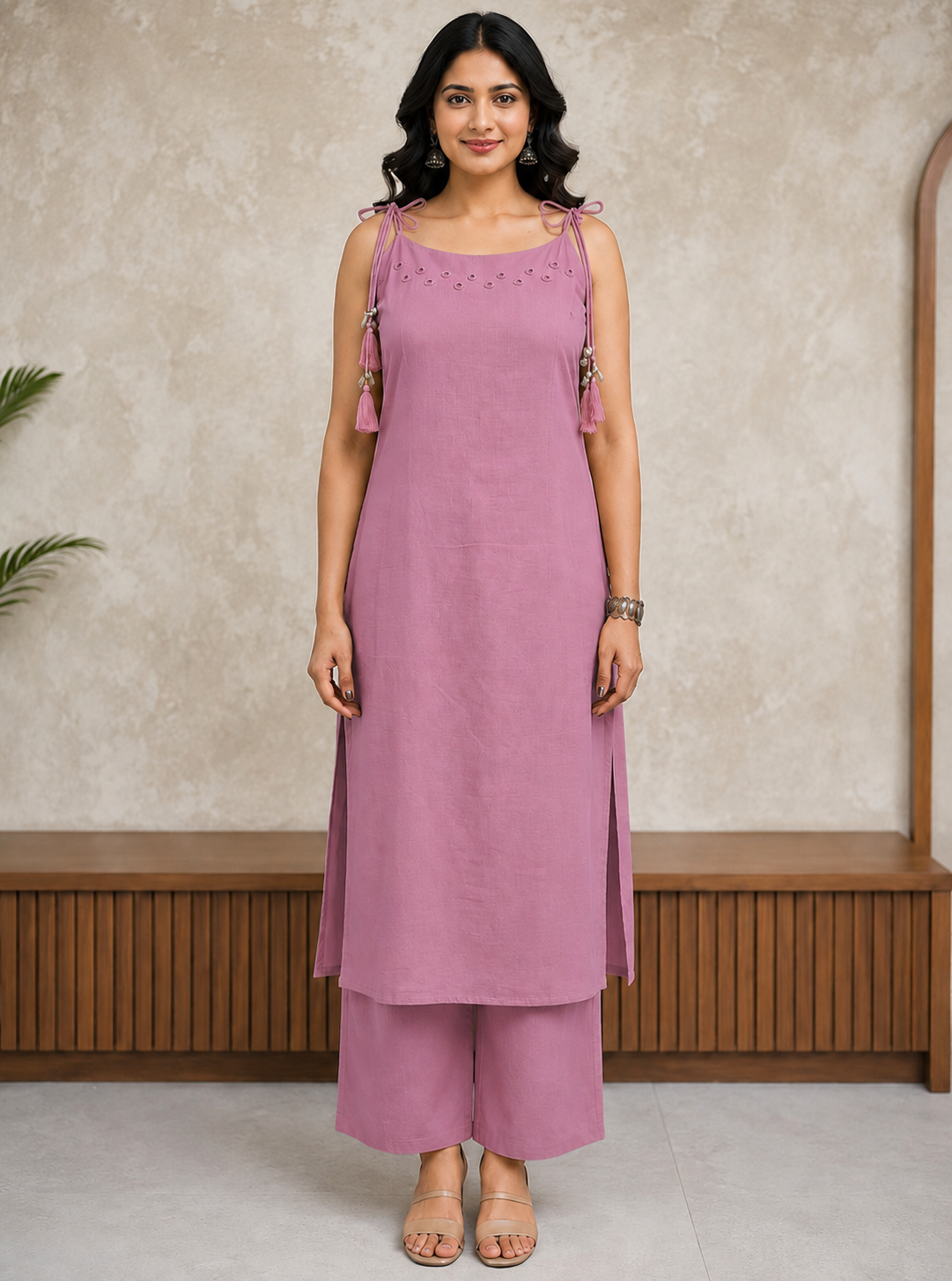 Dusty Mauve Mirror Work Cotton Slub Co-ord Set