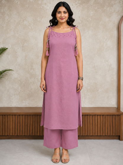 Dusty Mauve Mirror Work Cotton Slub Co-ord Set