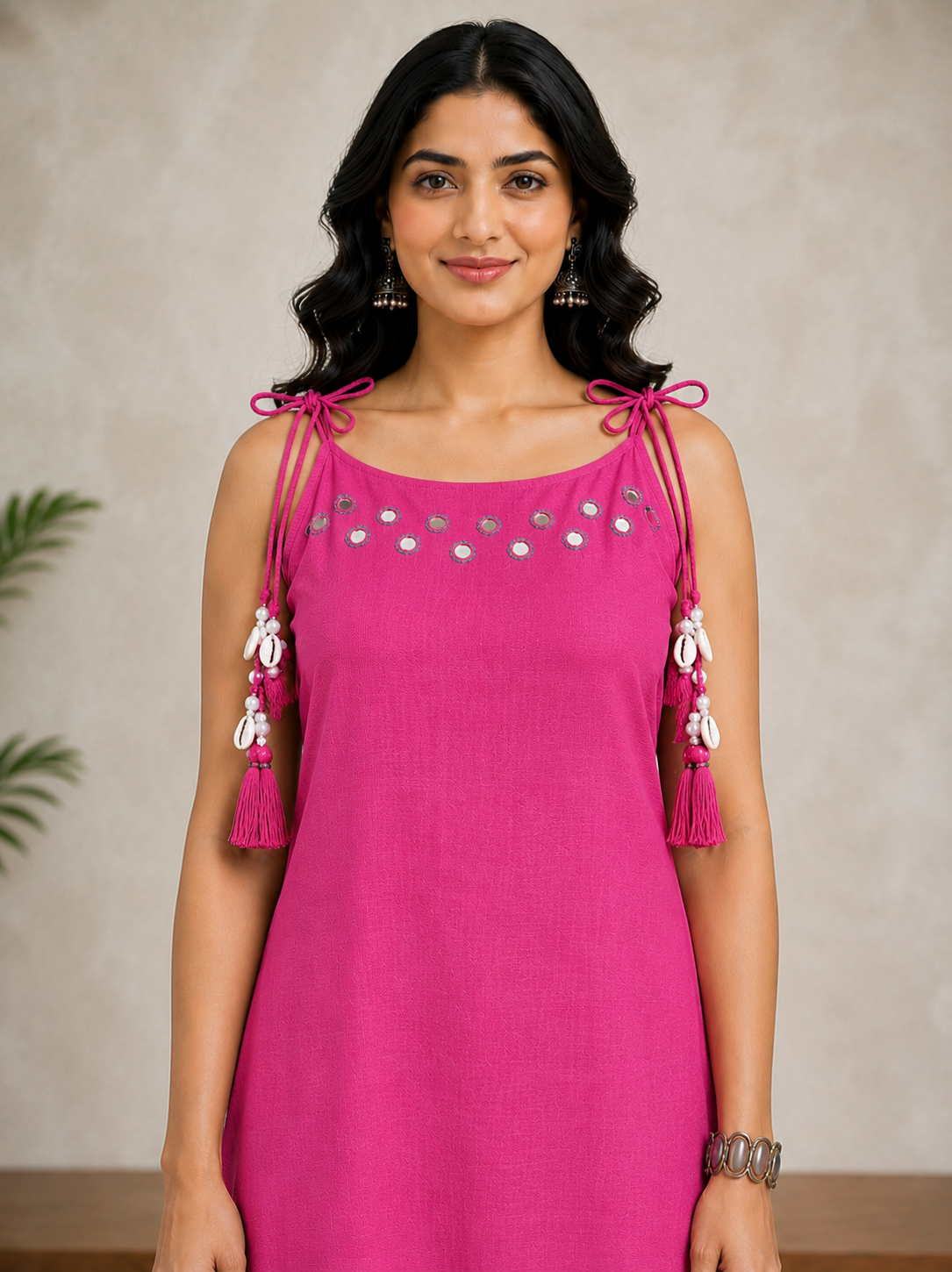 Rani pink Mirror Work Cotton Slub Co-ord Set