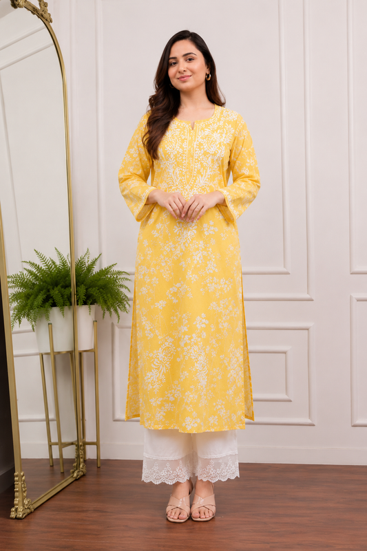Sunshine Yellow Summer Blossom Chikankari Kurta Pant Set