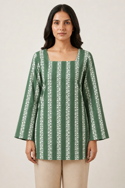 Emerald Green Heritage Stripe Flared-Sleeve Tunic