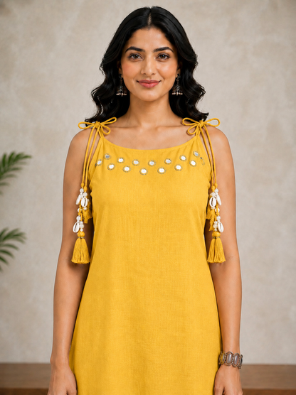 Mustard Mirror Work Cotton Slub Co-ord Set