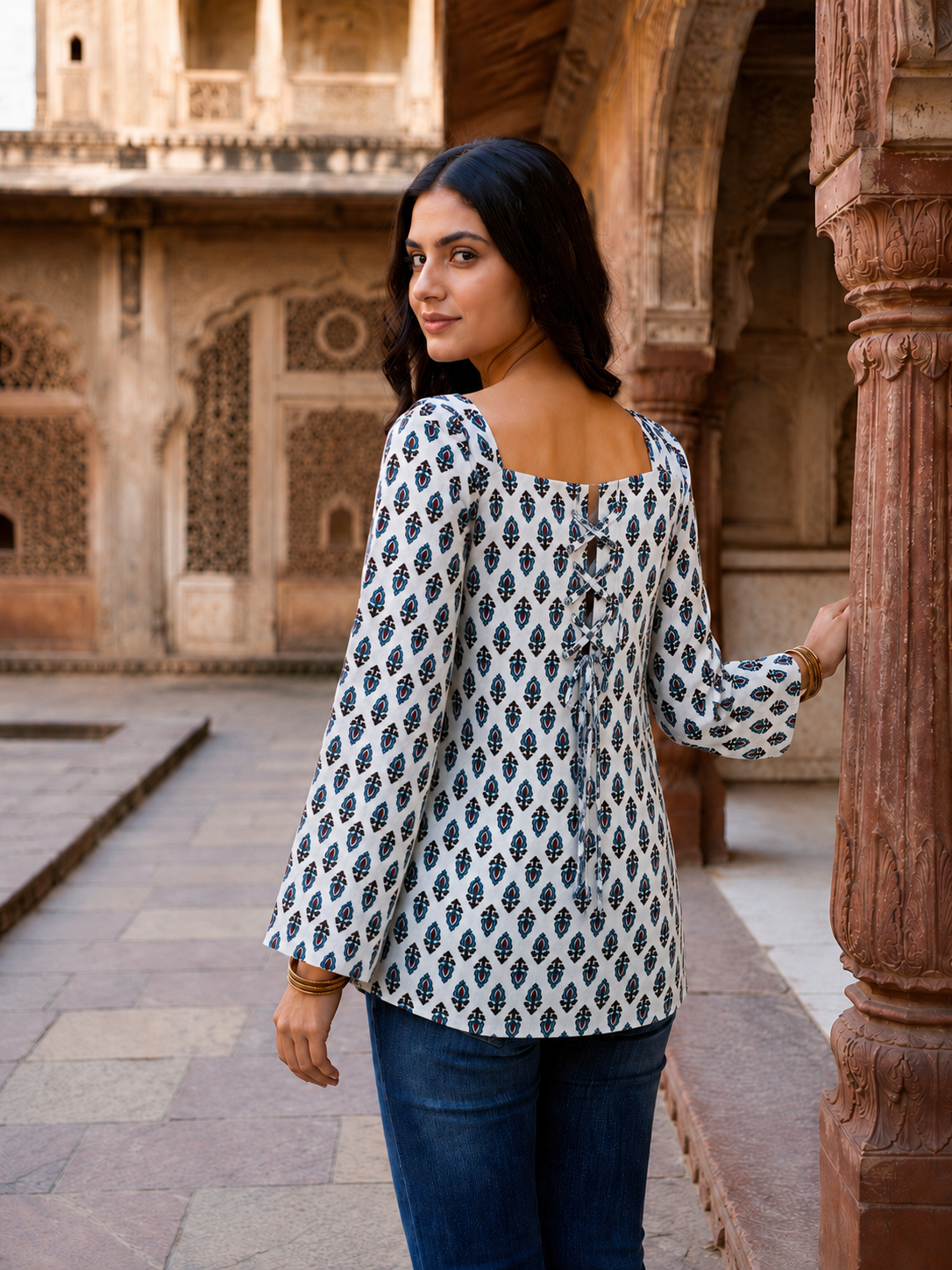 Powder Blue Heritage Buta Square-Neck Tunic
