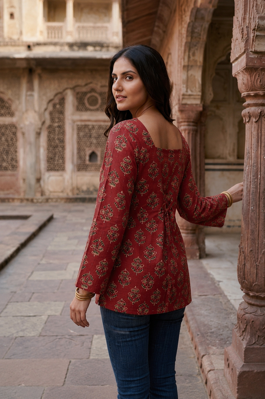 Crimson Red Heritage Motif Square-Neck Tunic