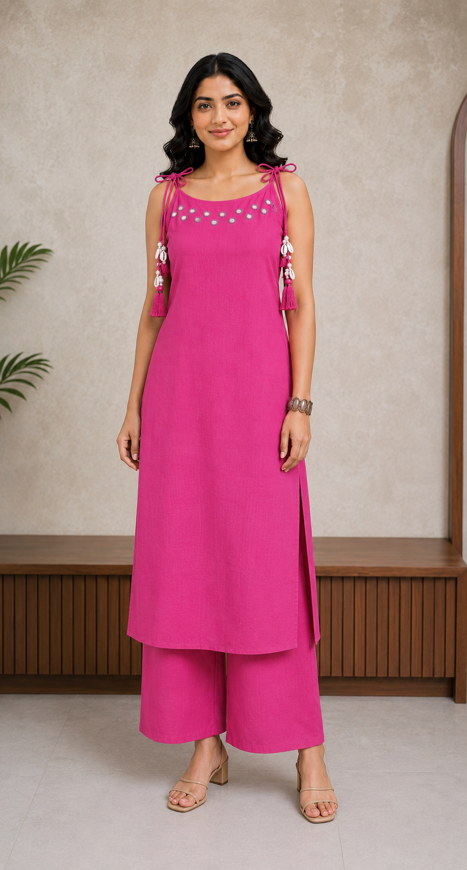 Rani pink Mirror Work Cotton Slub Co-ord Set
