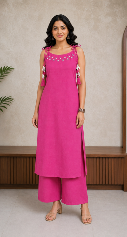 Rani pink Mirror Work Cotton Slub Co-ord Set